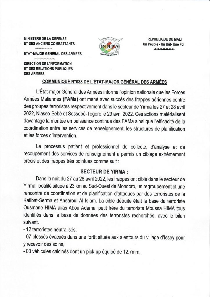  COMMUNIQUE N°038 DE L'ETAT-MAJOR GENERAL DES ARMEES DU 29 AVRIL 2022