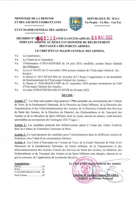  DCSSA Liste additive au résultat définitif du Recrutement 2021/Vague 1