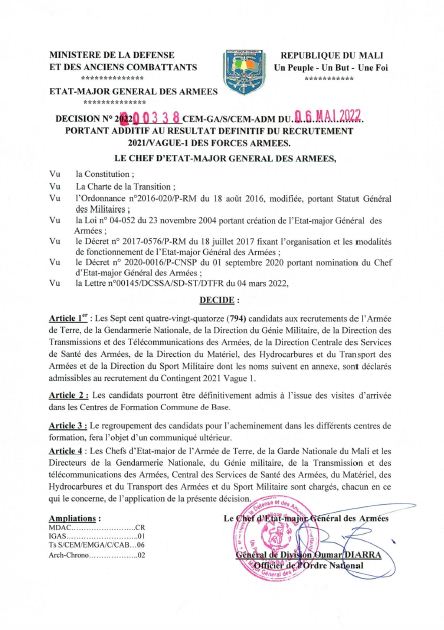  GENIE Liste additive au résultat définitif du Recrutement 2021/Vague 1