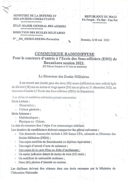  Communiqué relatif au Concours d'entrée à l’École des Sous-Officiers de Banankoro session 2022