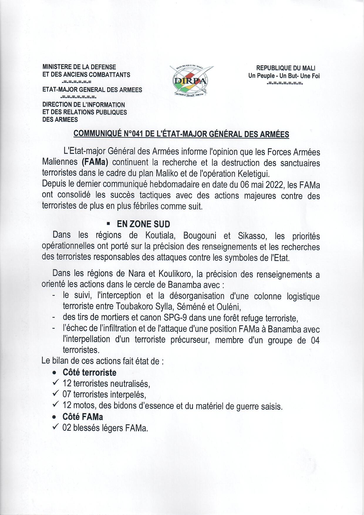  COMMUNIQUE N°041 DE L'ETAT-MAJOR GENERAL DES ARMEES