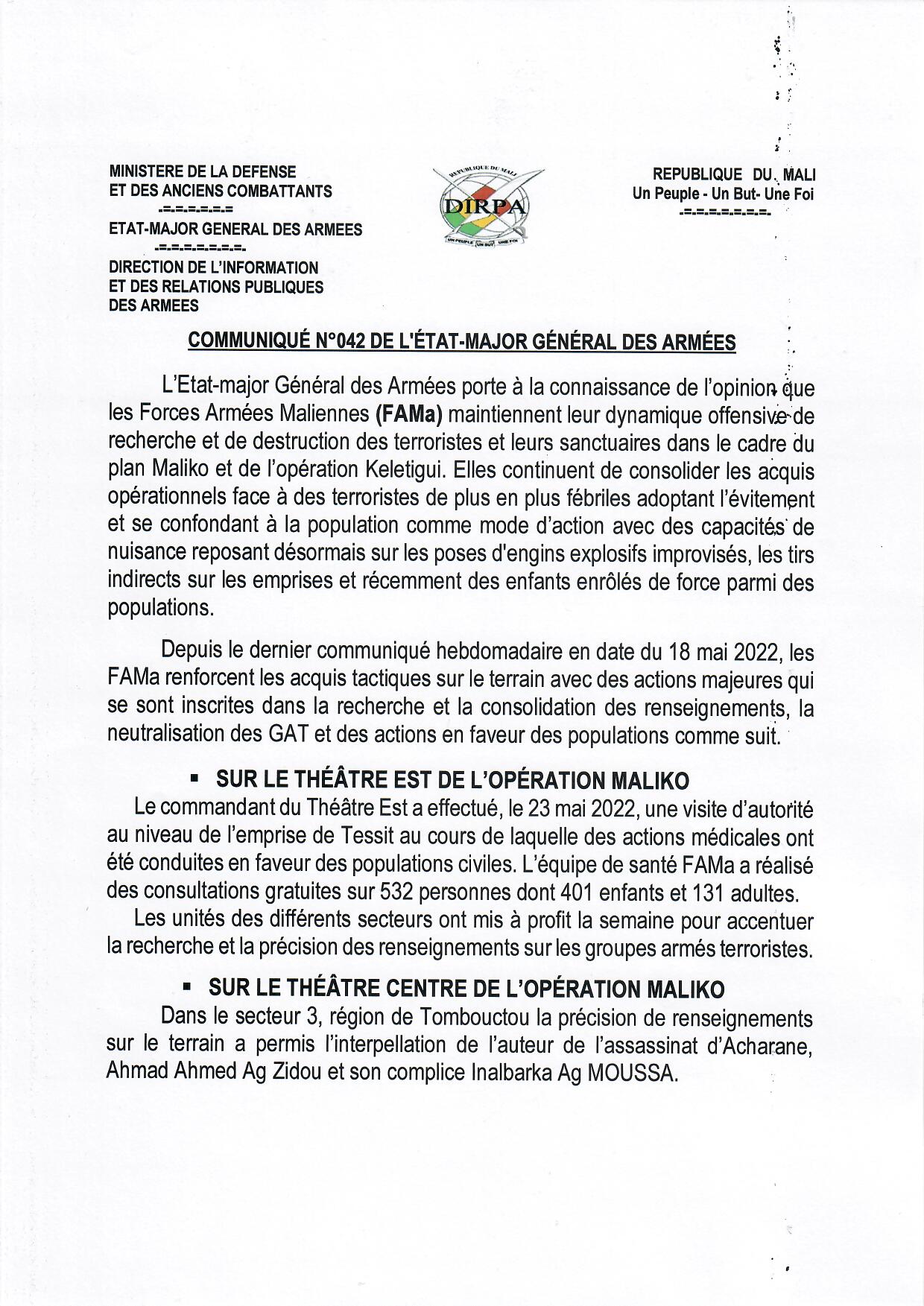  COMMUNIQUE N°042 DE L'ETAT-MAJOR GENERAL DES ARMEES DU 24 MAI 2022