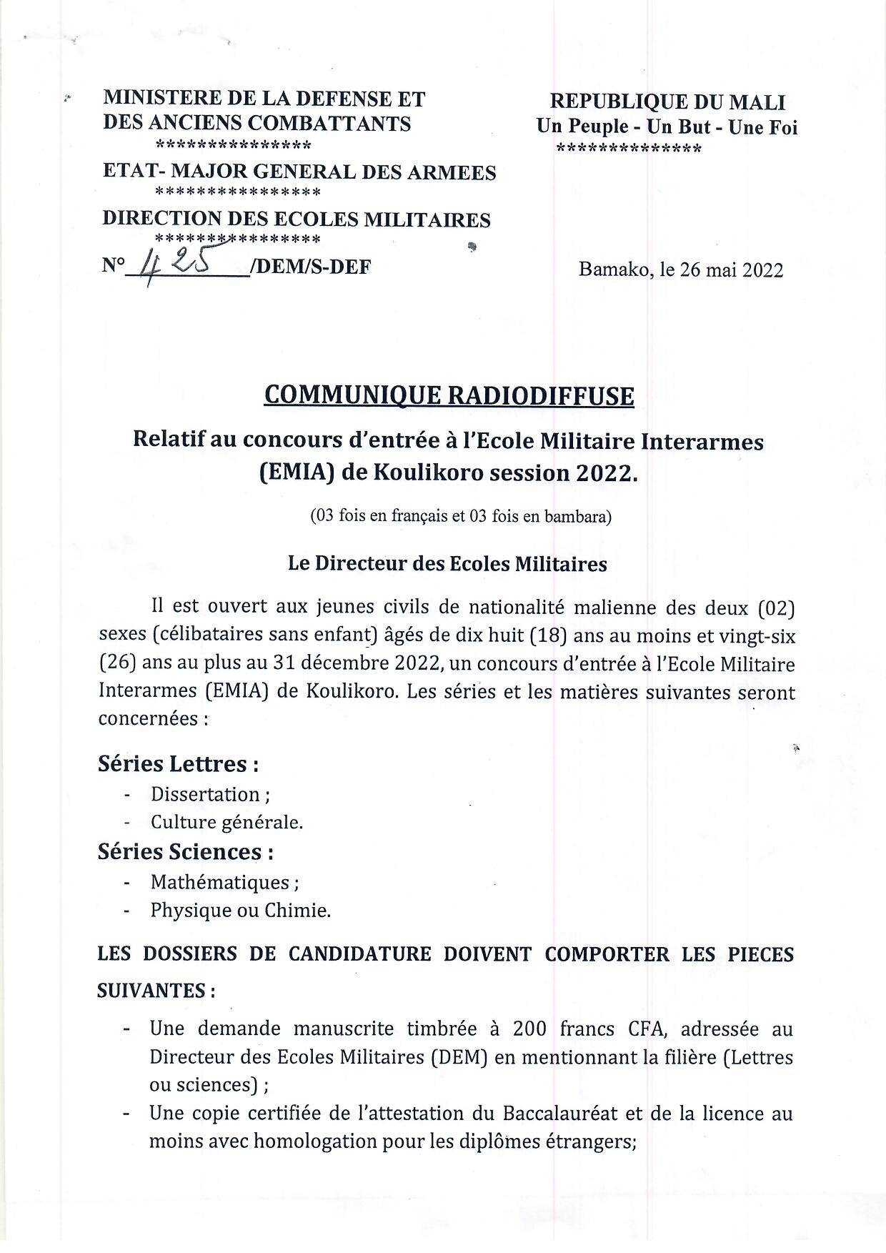  COMMUNIQUE RELATIF AU CONCOURS D'ENTREE A L'ECOLE INTERARMES (EMIA) DE KOULIKORO, SESSION 2022