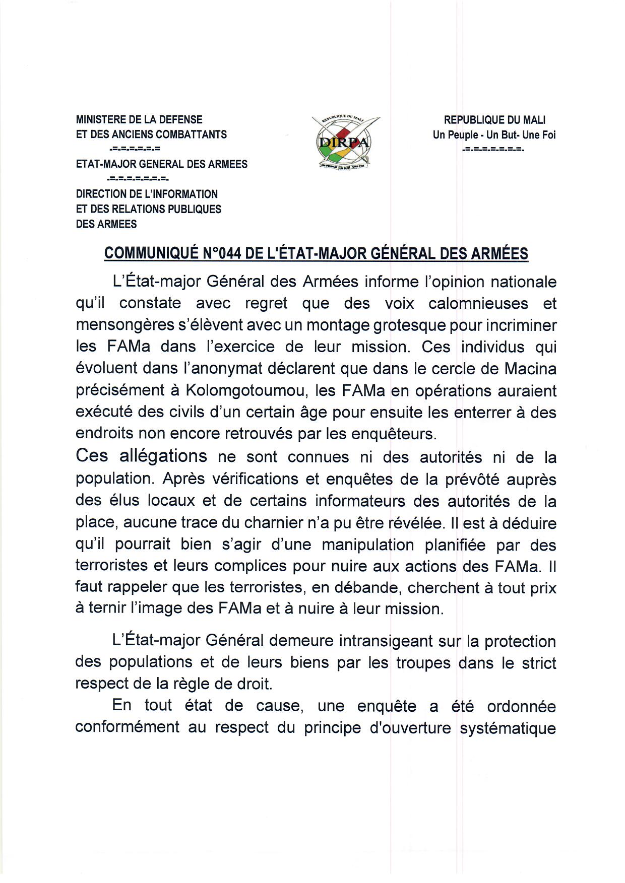  COMMUNIQUE N°044  DE L'ETAT-MAJOR GENERAL DES ARMEES
