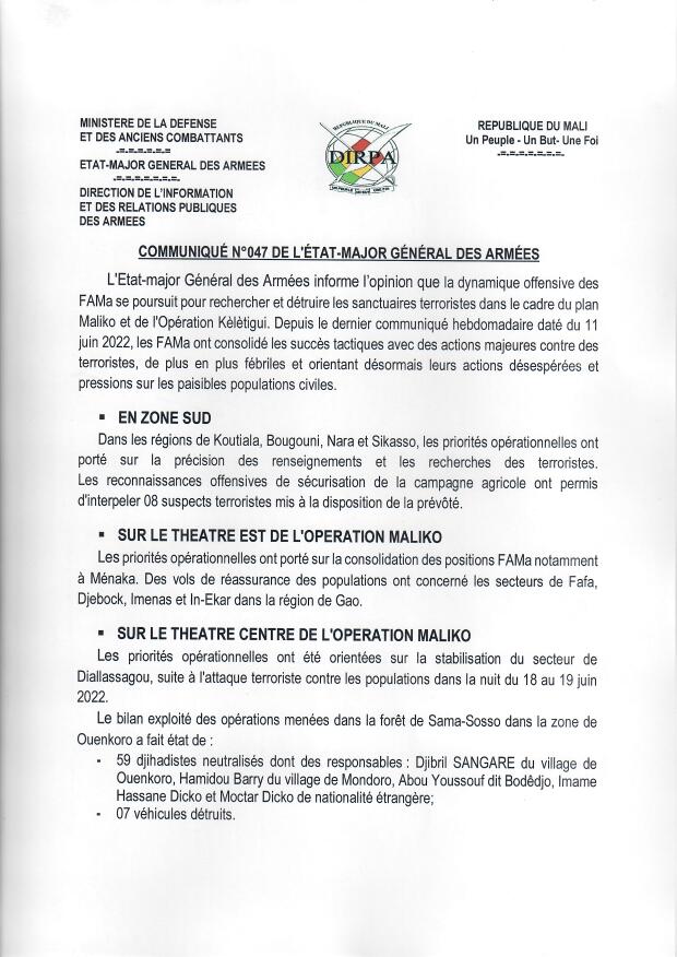  COMMUNIQUÉ N°047 DE L'ÉTAT-MAJOR GÉNÉRAL DES ARMÉES DU VENDREDI 24 JUIN 2022.