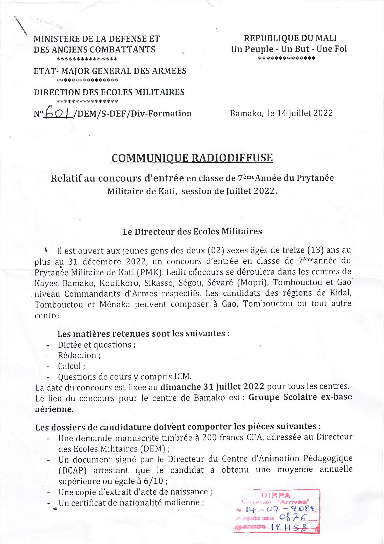 Concours d'entrée au Prytanée Militaire de Kati, Session Juillet 2022.