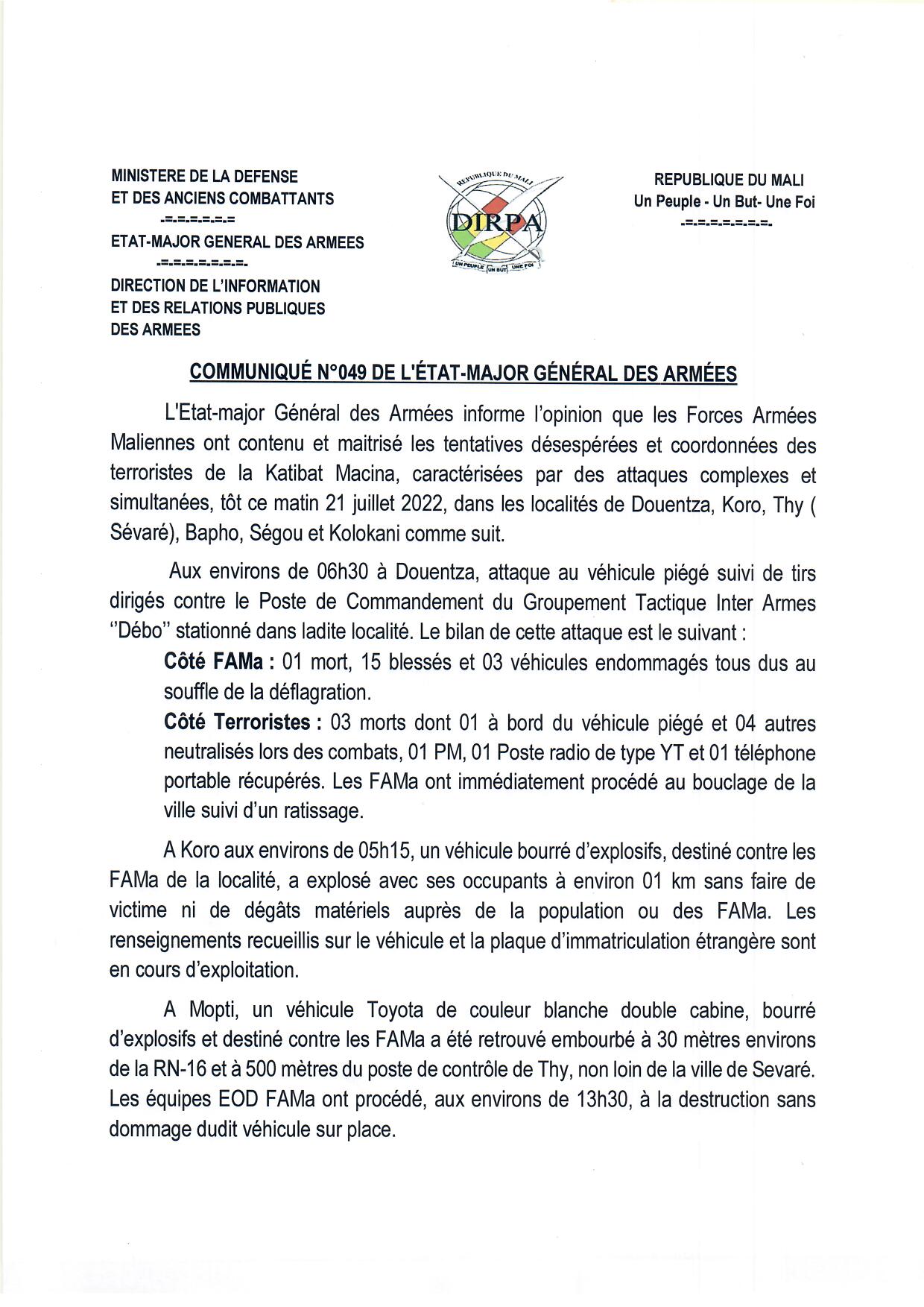  COMMUNIQUÉ N°049 DE L'ÉTAT-MAJOR GÉNÉRAL DES ARMÉES DU JEUDI 21 JUILLET 2022.