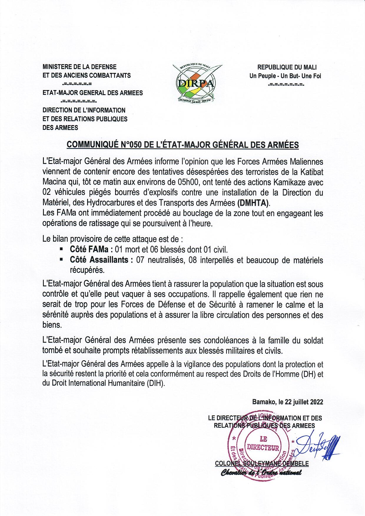  Communiqué N°050 de l'EMGA du 22 juillet 2022