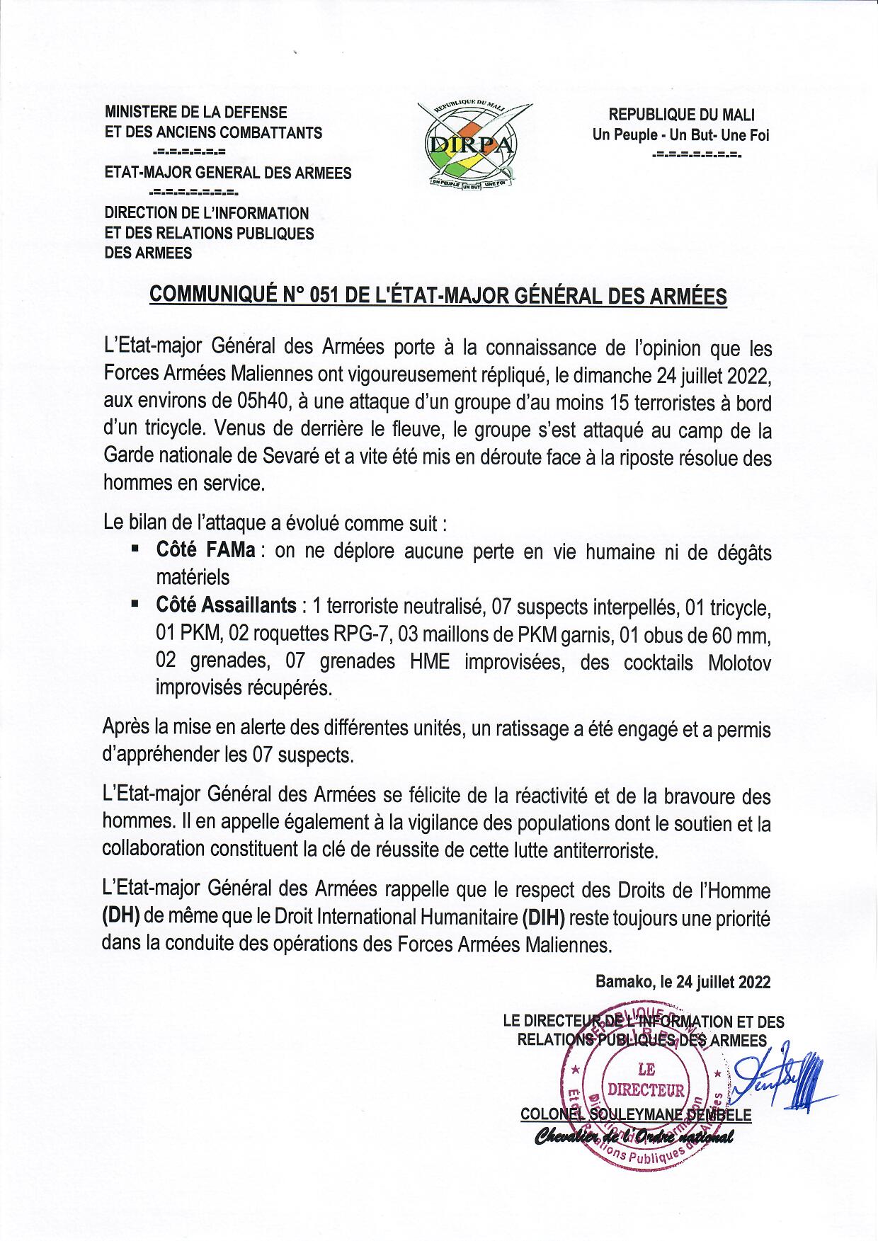  COMMUNIQUÉ N°051 DE L'ÉTAT-MAJOR GÉNÉRAL DES ARMÉES DU DIMANCHE 24 JUILLET 2022.