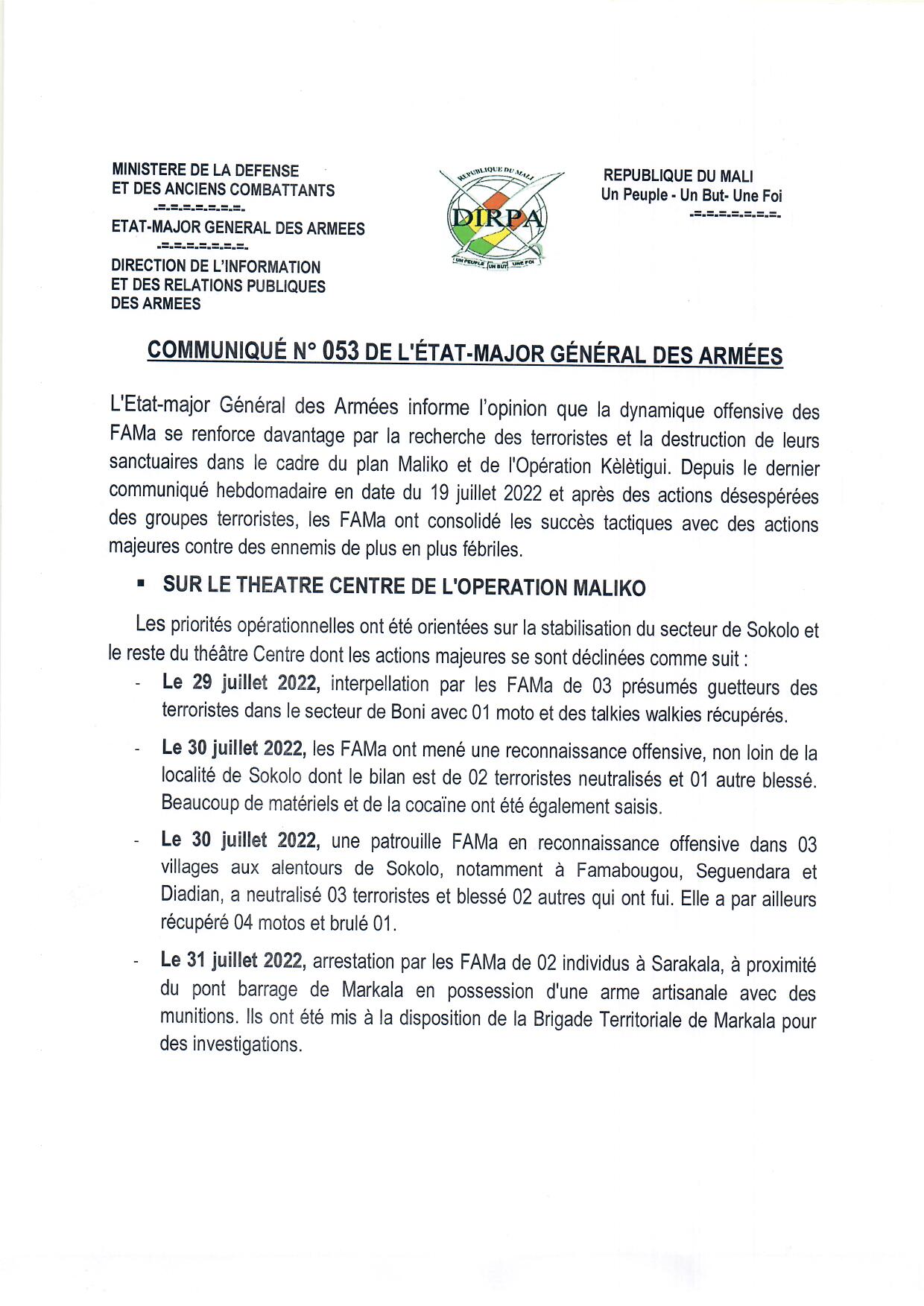  Communiqué N°053 de l'Etat-Major Général des Armées du 04 Août 2022.