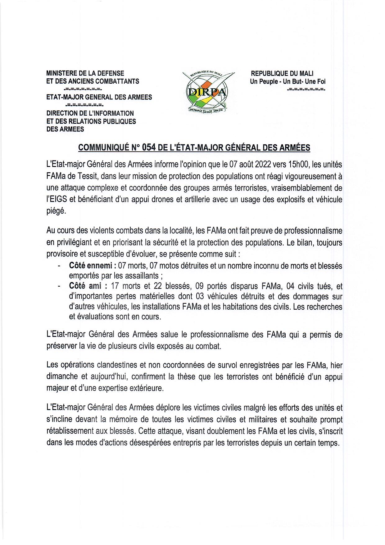  Communiqué N°054 de l'Etat-Major Général des Armées du 08 Août 2022