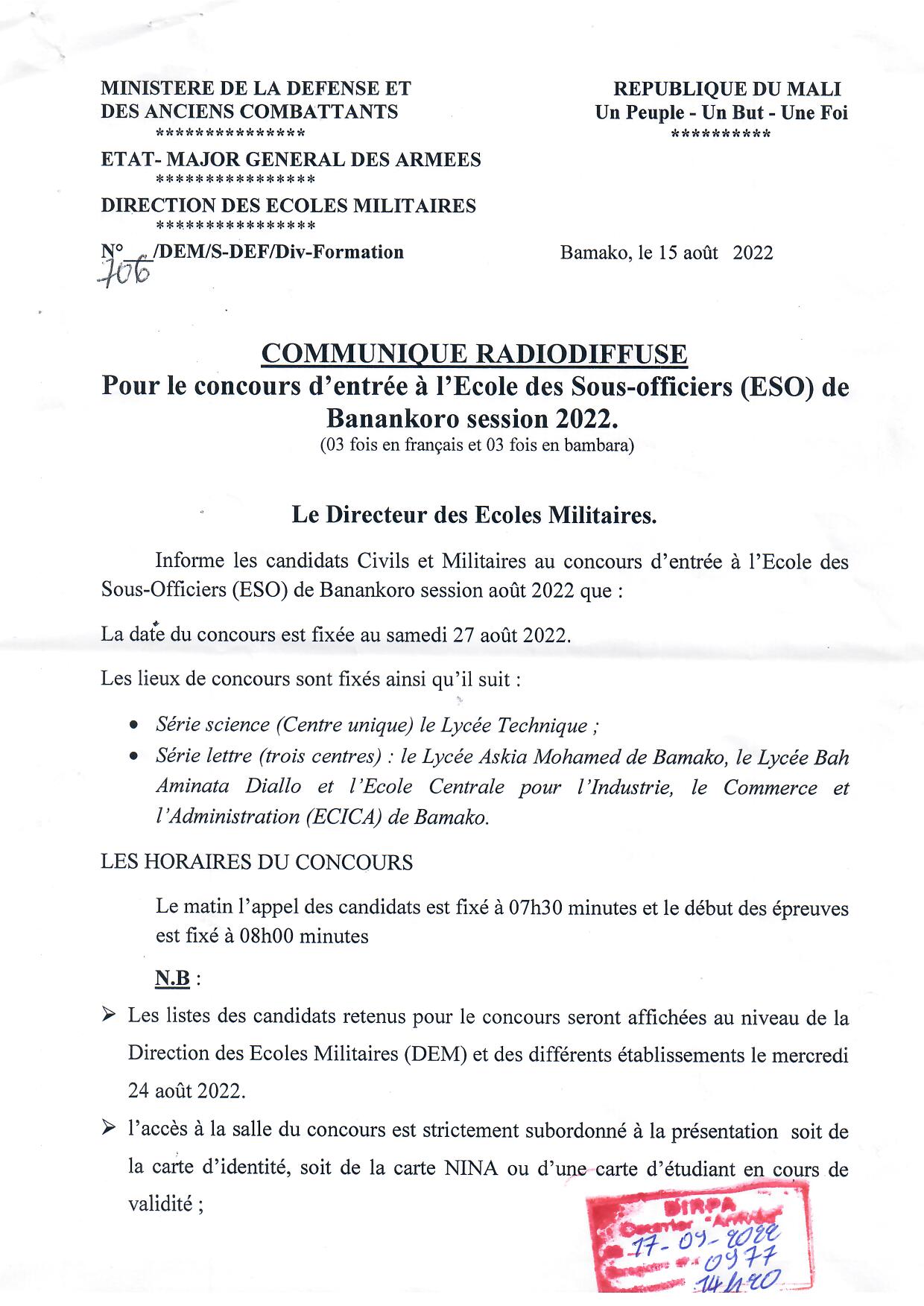  Concours d'entrée à l'Ecole des Sous-officiers (ESO) de Banankoro, Session 2022.