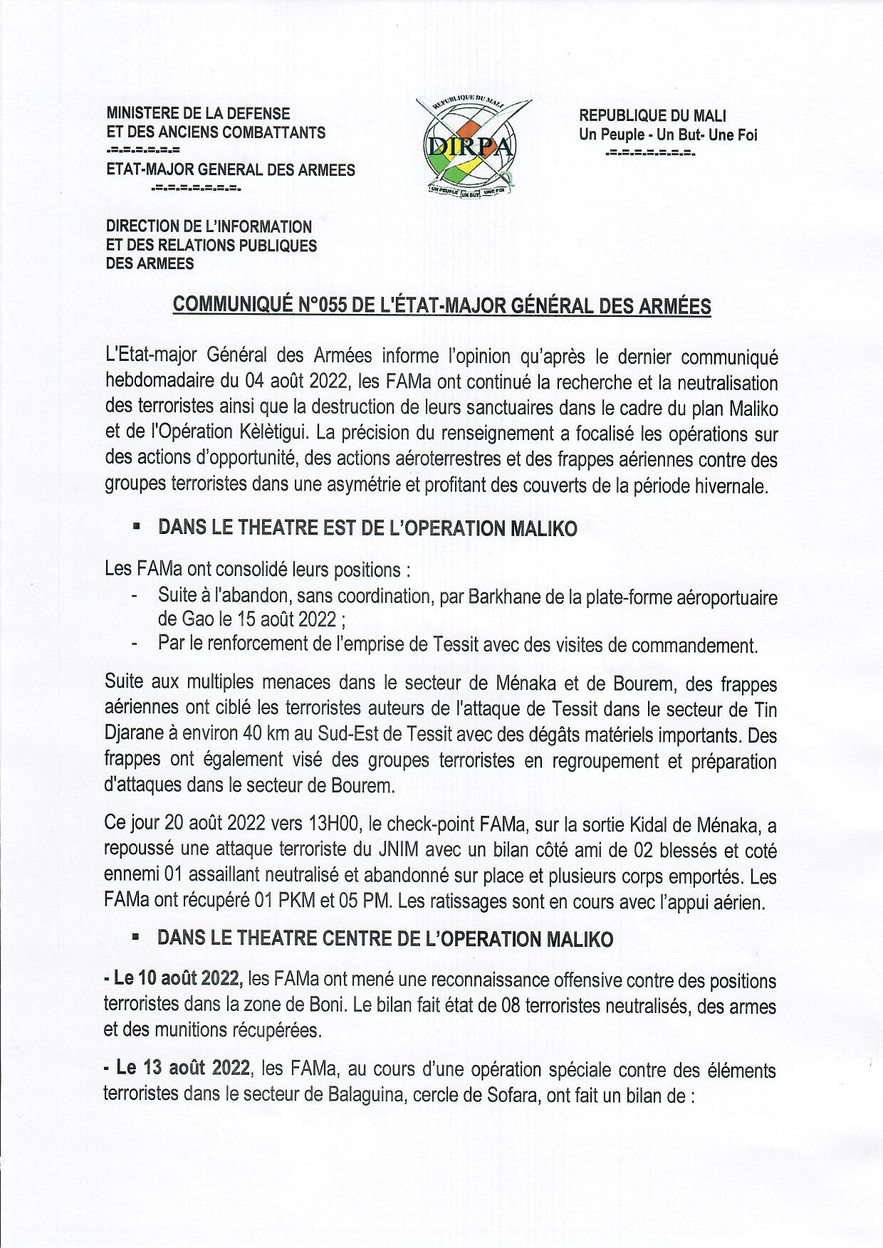 Communiqué N°055 du 20 août 2022 de l'Etat-Major Général des Armées.