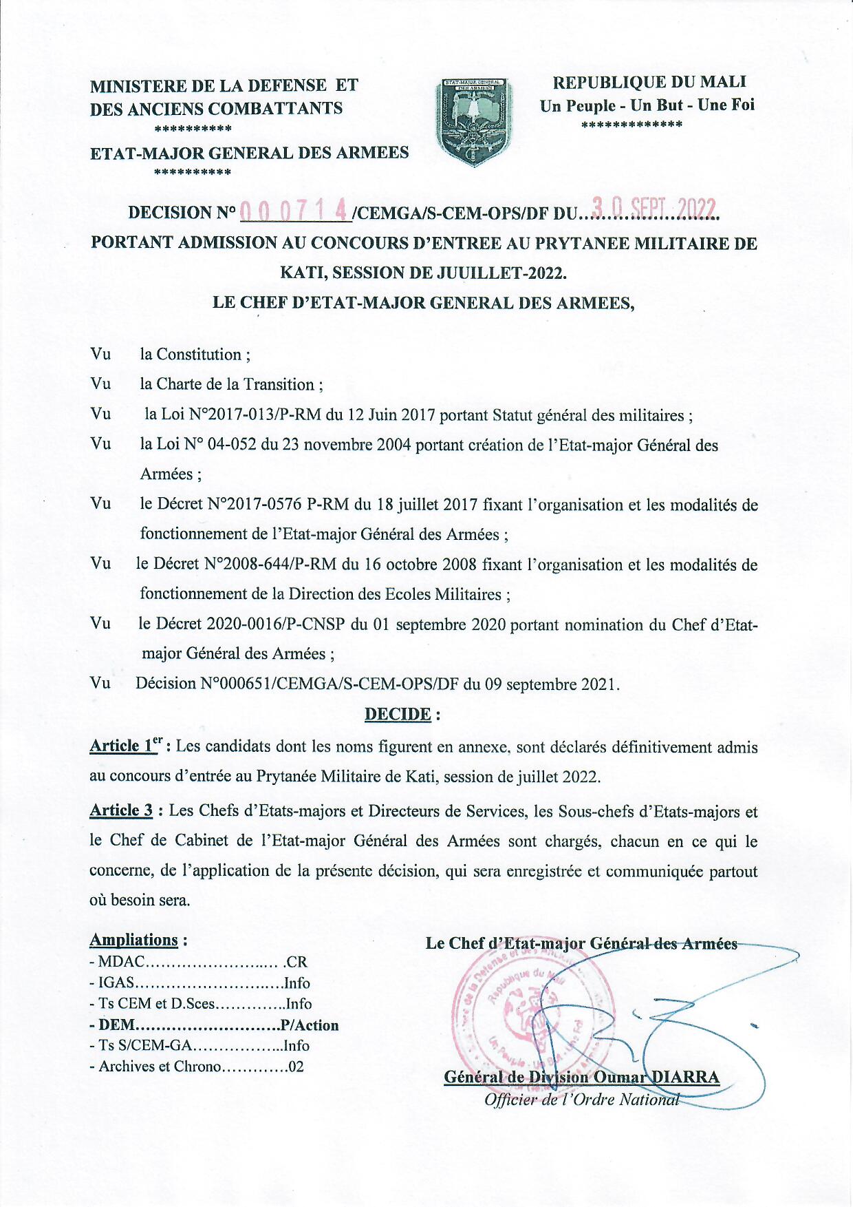  Résultat du Concours d'entrée au Prytanée Militaire de Kati (PMK) Session de juillet 2022.