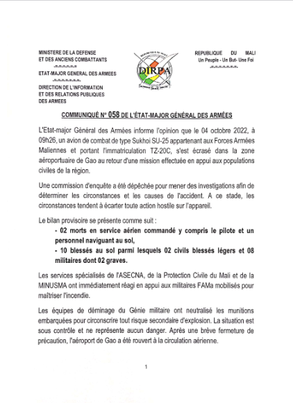  Communiqué N° 058 de l'Etat-Major Général des Armées du 04 octobre 2022.