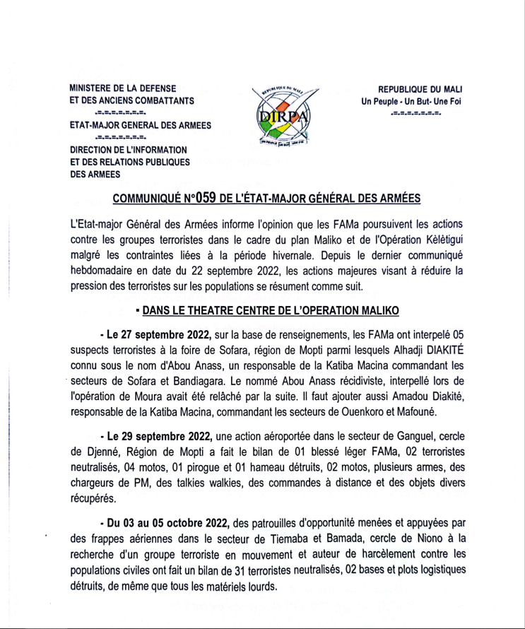  Communiqué N°059 de l'Etat-Major Général des Armées du 07 Octobre 2022