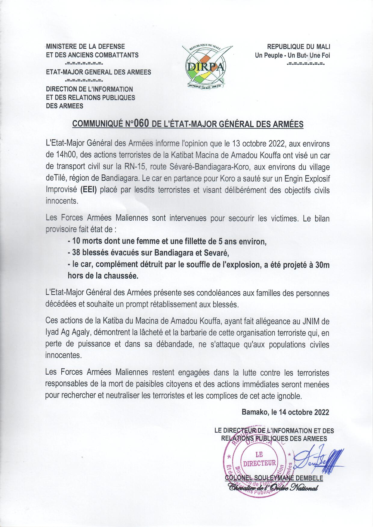  Communiqué N°060 de l'Etat-Major Général des Armées du 14 Octobre 2022