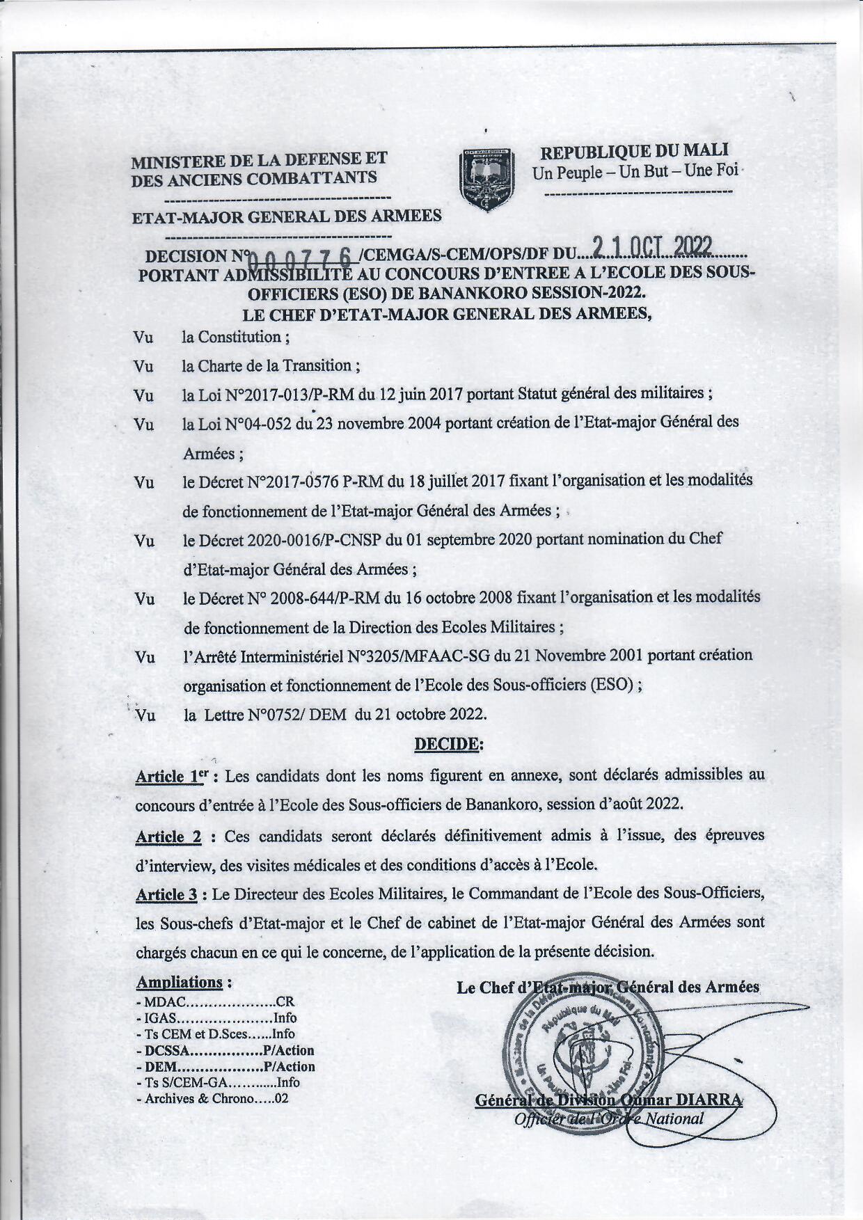  RESULTAT ADMISSIBLE AU CONCOURS D'ENTREE A L'ESO SESSION 2022