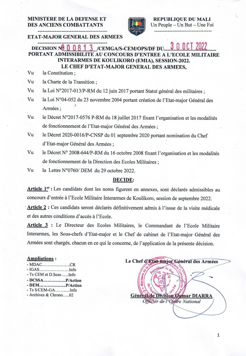  RÉSULTAT D'ADMISSIBILITÉ AU CONCOURS D'ENTRÉE À L'EMIA SESSION DE SEPTEMBRE 2022