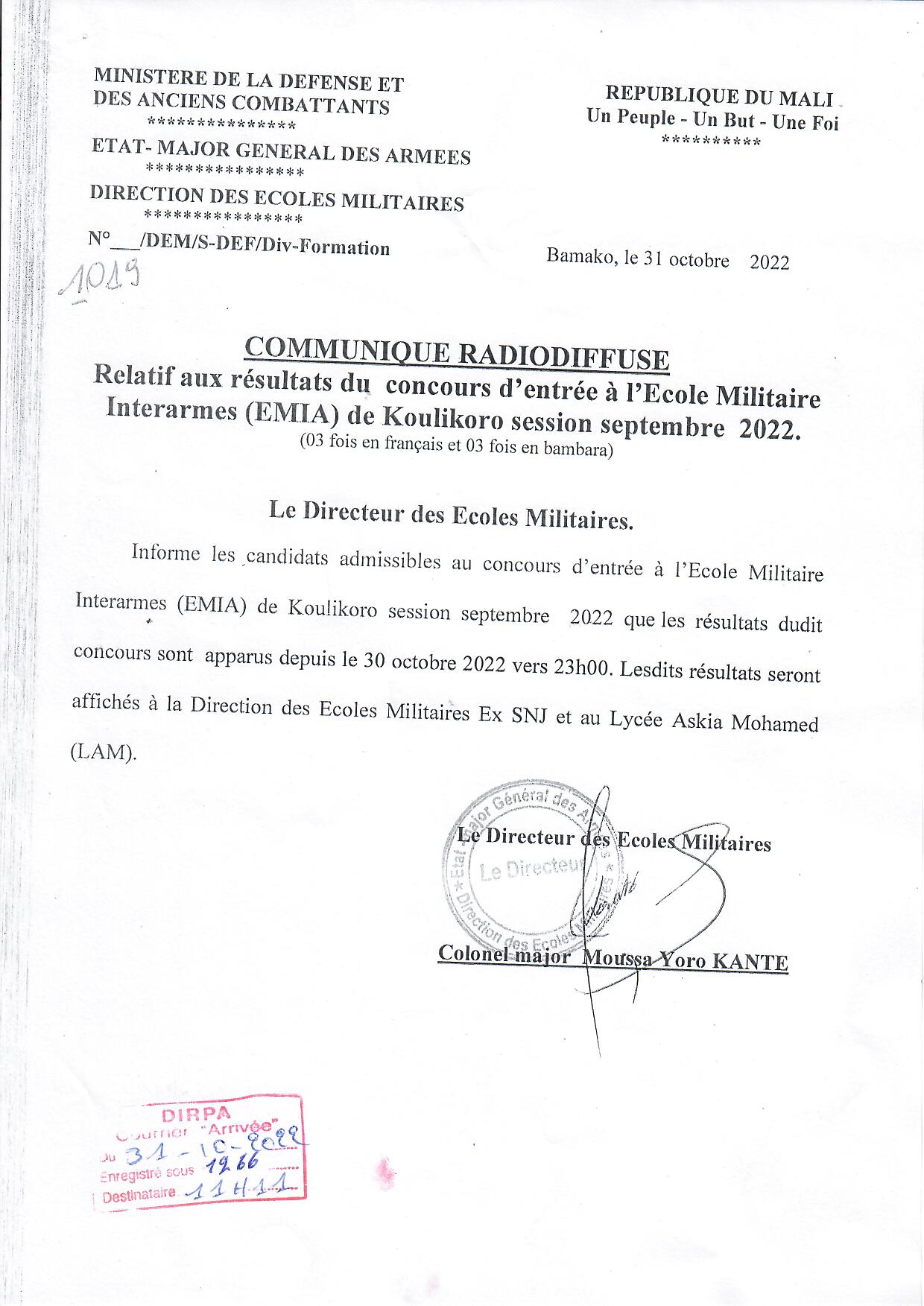  COMMUNIQUÉ RELATIF AU RÉSULTAT DU CONCOURS D'ENTRÉE A L'EMIA, SESSION DE SEPTEMBRE 2022.