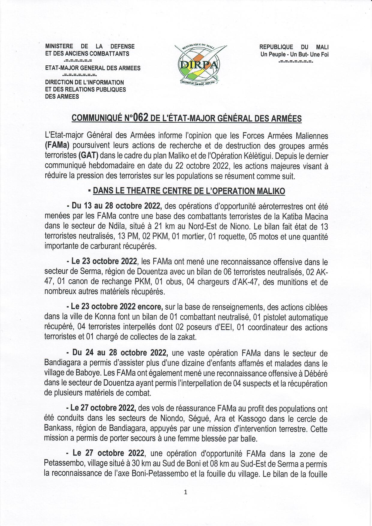  COMMUNIQUÉ N° 062 DU 1er NOVEMBRE 2022 DE L'ÉTAT-MAJOR GÉNÉRAL DES ARMÉES