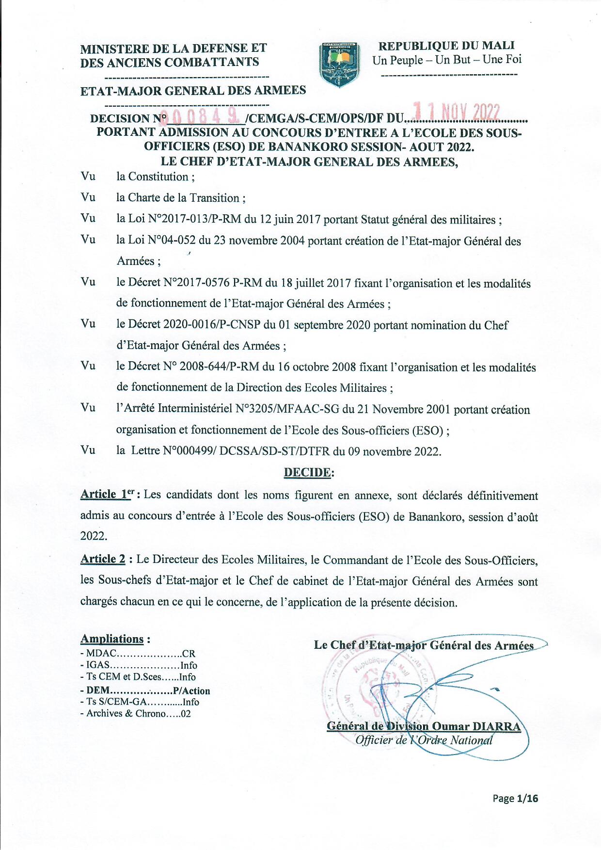  RESULTAT DEFINITIF AU CONCOURS DE L'ESO DE BANANKORO SESSION AOÛT 2022