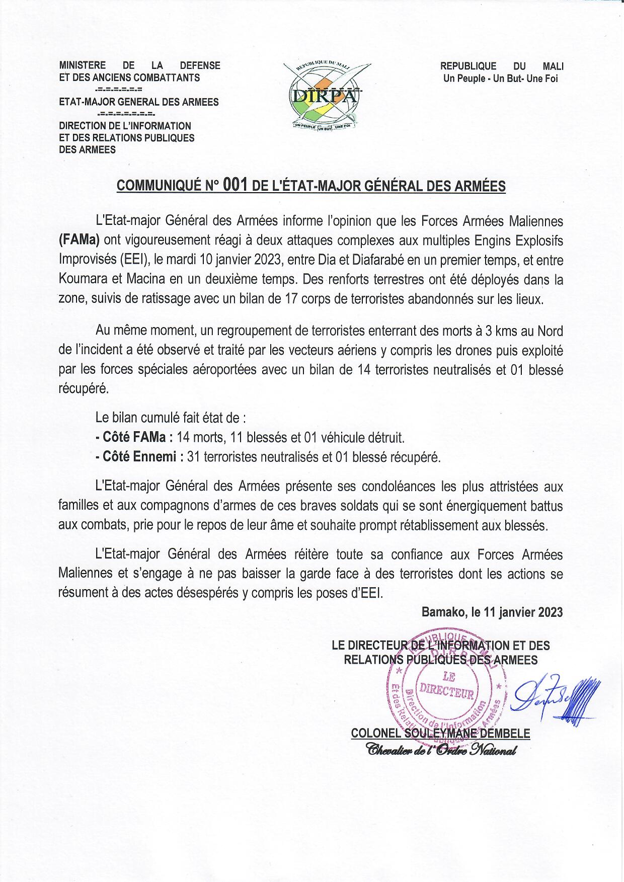  COMMUNIQUÉ N° 001 DE L'ÉTAT-MAJOR GÉNÉRAL DES ARMÉES DU 11 JANVIER 2023.