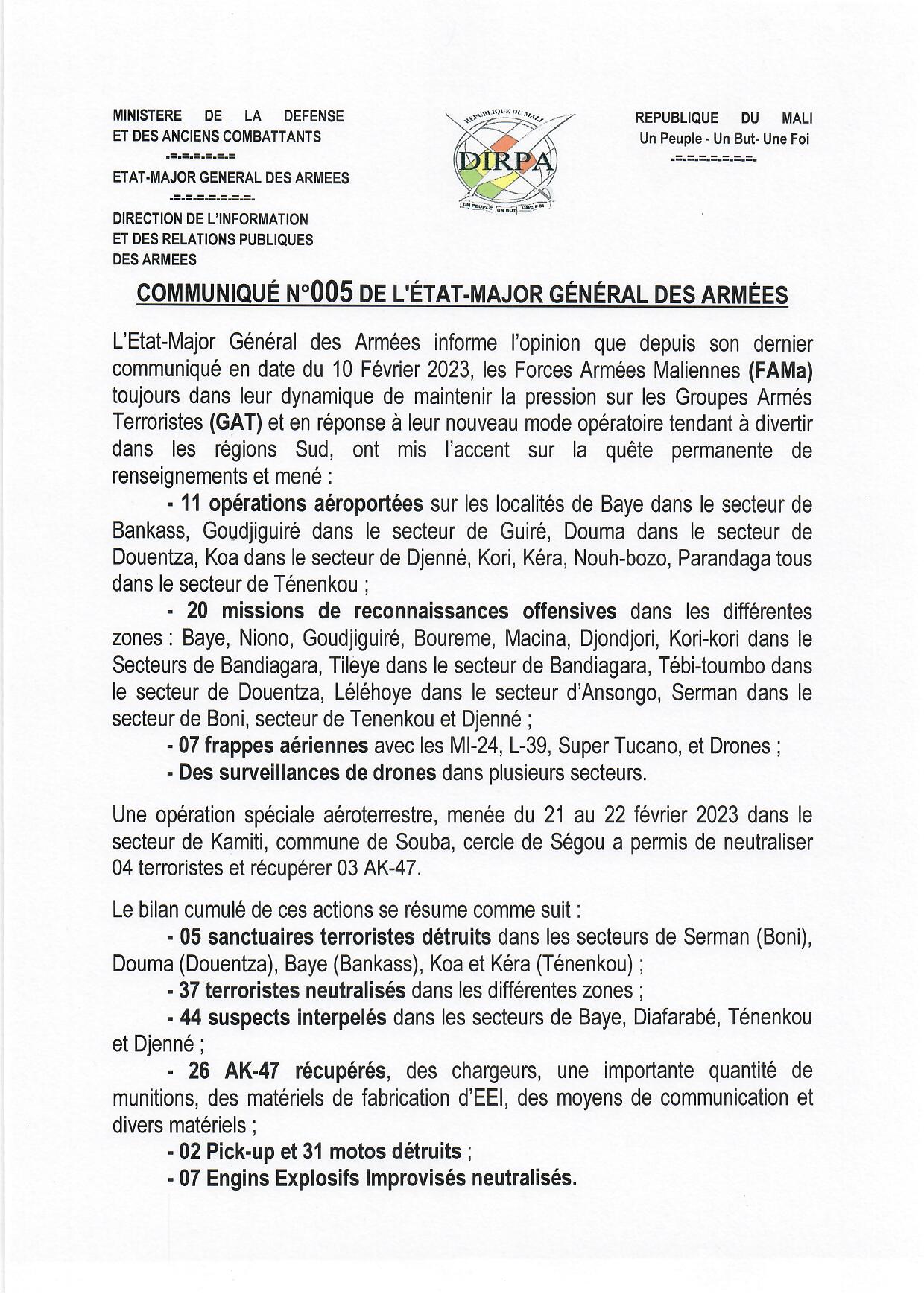  COMMUNIQUE N° 005 DE L'ETAT-MAJOR GENERAL DES ARMEES DU 24 FEVRIER 2023.