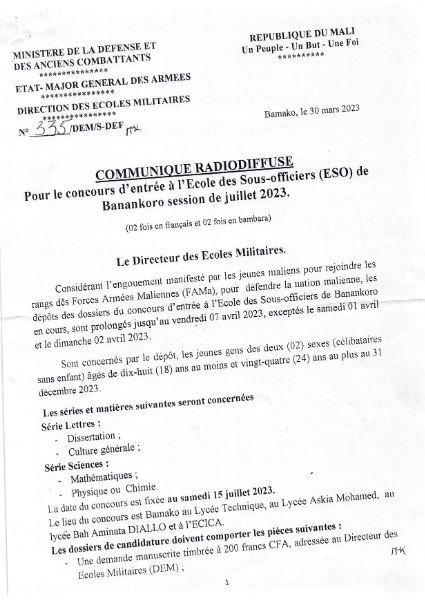  CONCOURS D'ENTREE A L'ECOLE DES SOUS-OFFICIERS (ESO) DE BANANKORO SESSION DE JUILLET 2023