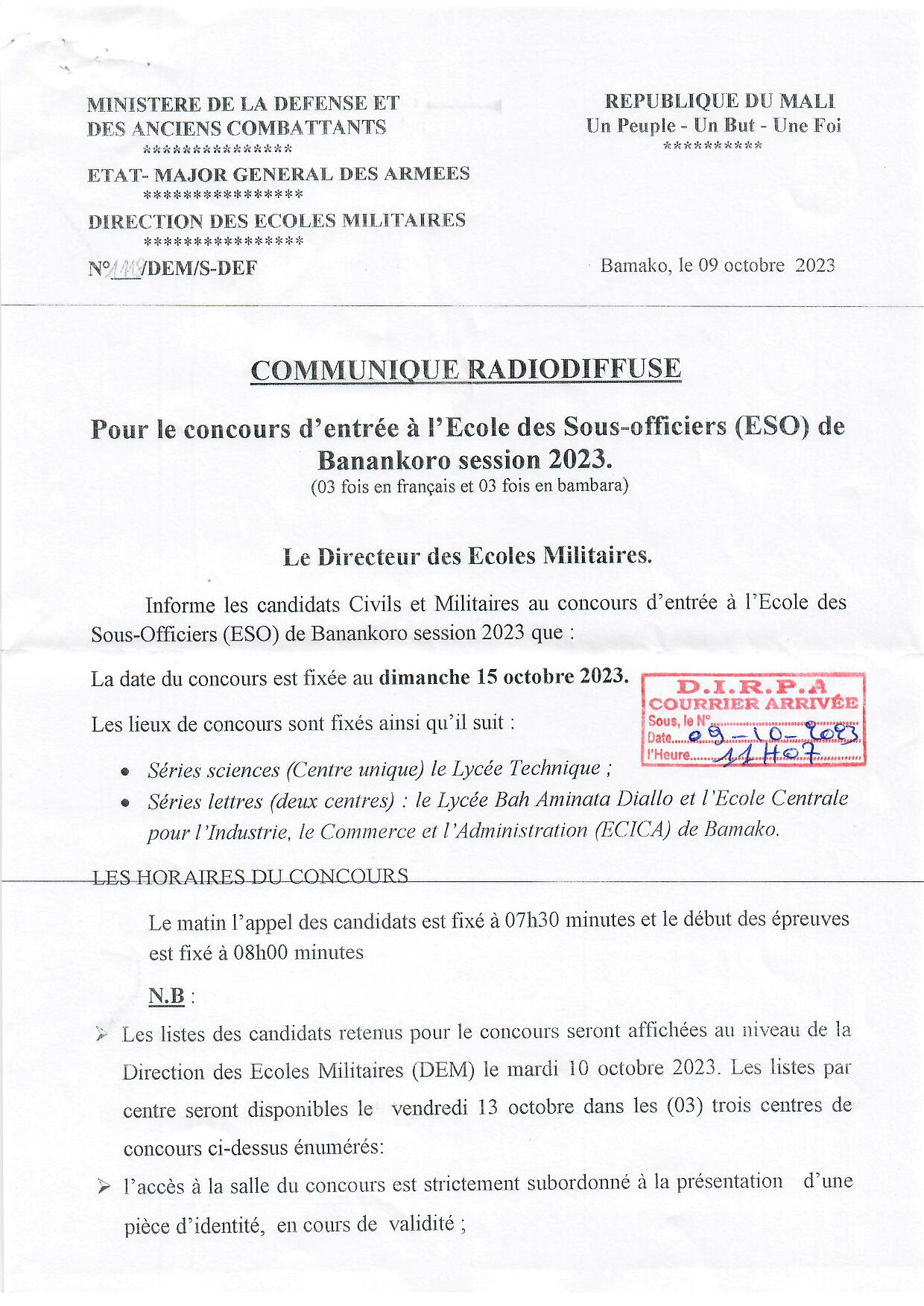  COMMUNIQUE RADIODIFFUSE