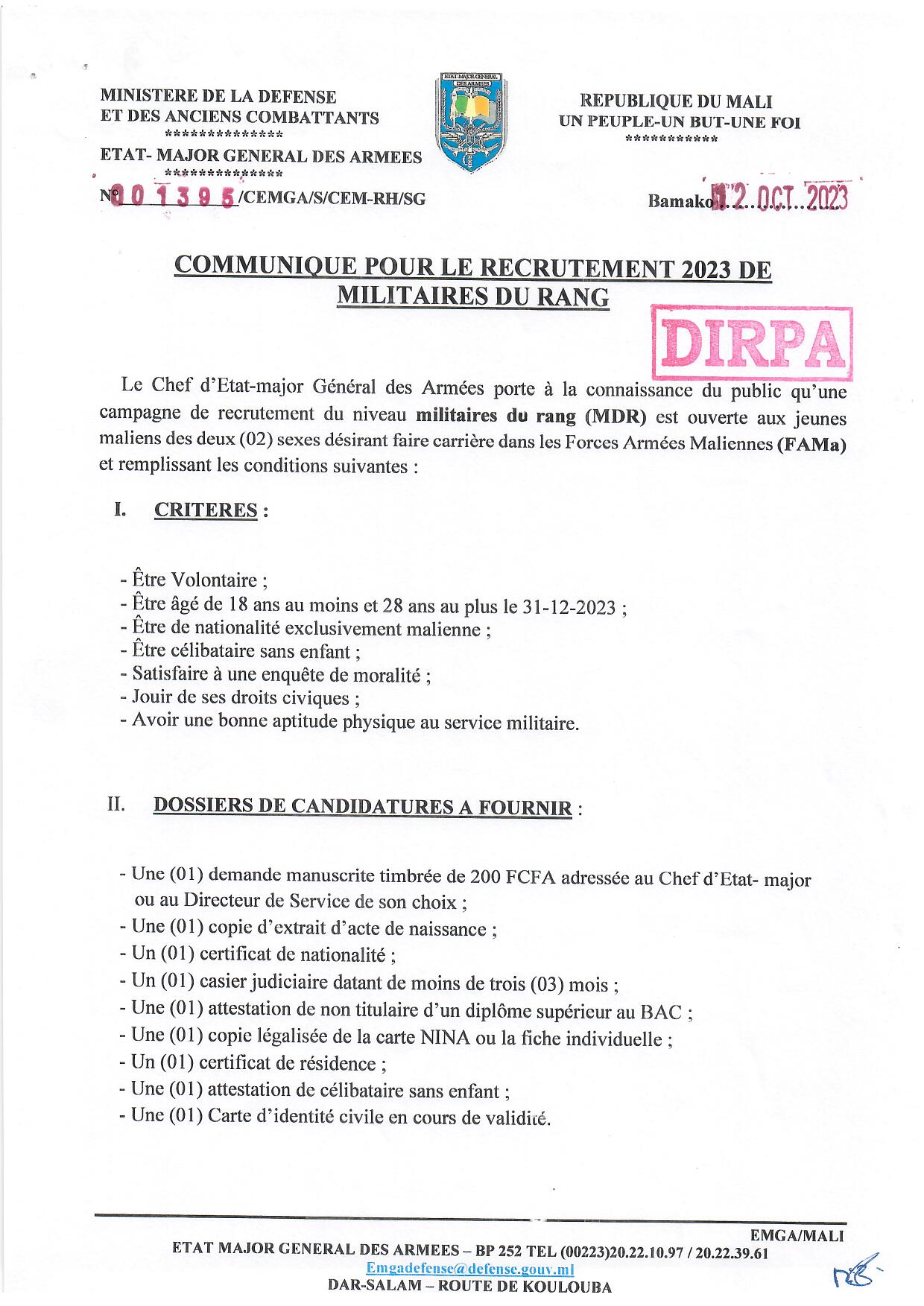  COMMUNIQUÉ POUR LE RECRUTEMENT 2023 DE MILITAIRES DU RANG