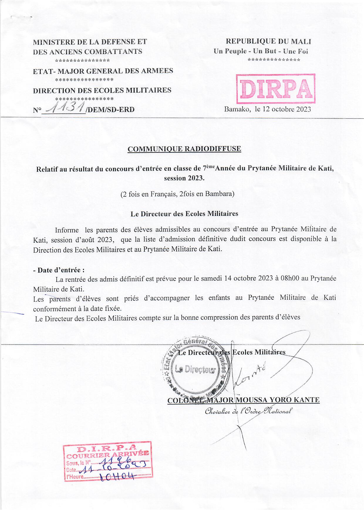  COMMUNIQUÉ RELATIF AU RÉSULTAT DU CONCOURS D'ENTRÉE EN CLASSE DE 7ÈME ANNÉE DU PRYTANÉE MILITAIRE DE KATI, SESSION 2023.