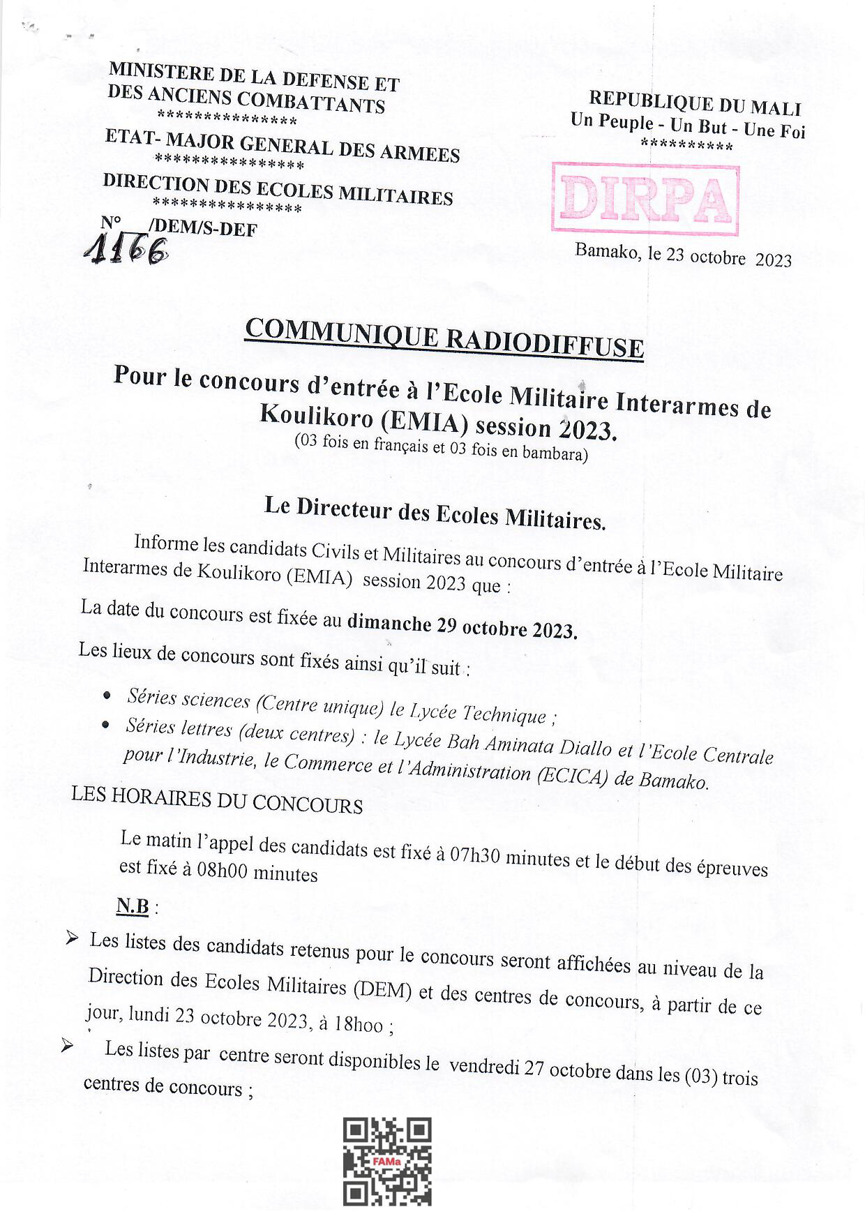  COMMUNIQUE RADIODIFFUSE