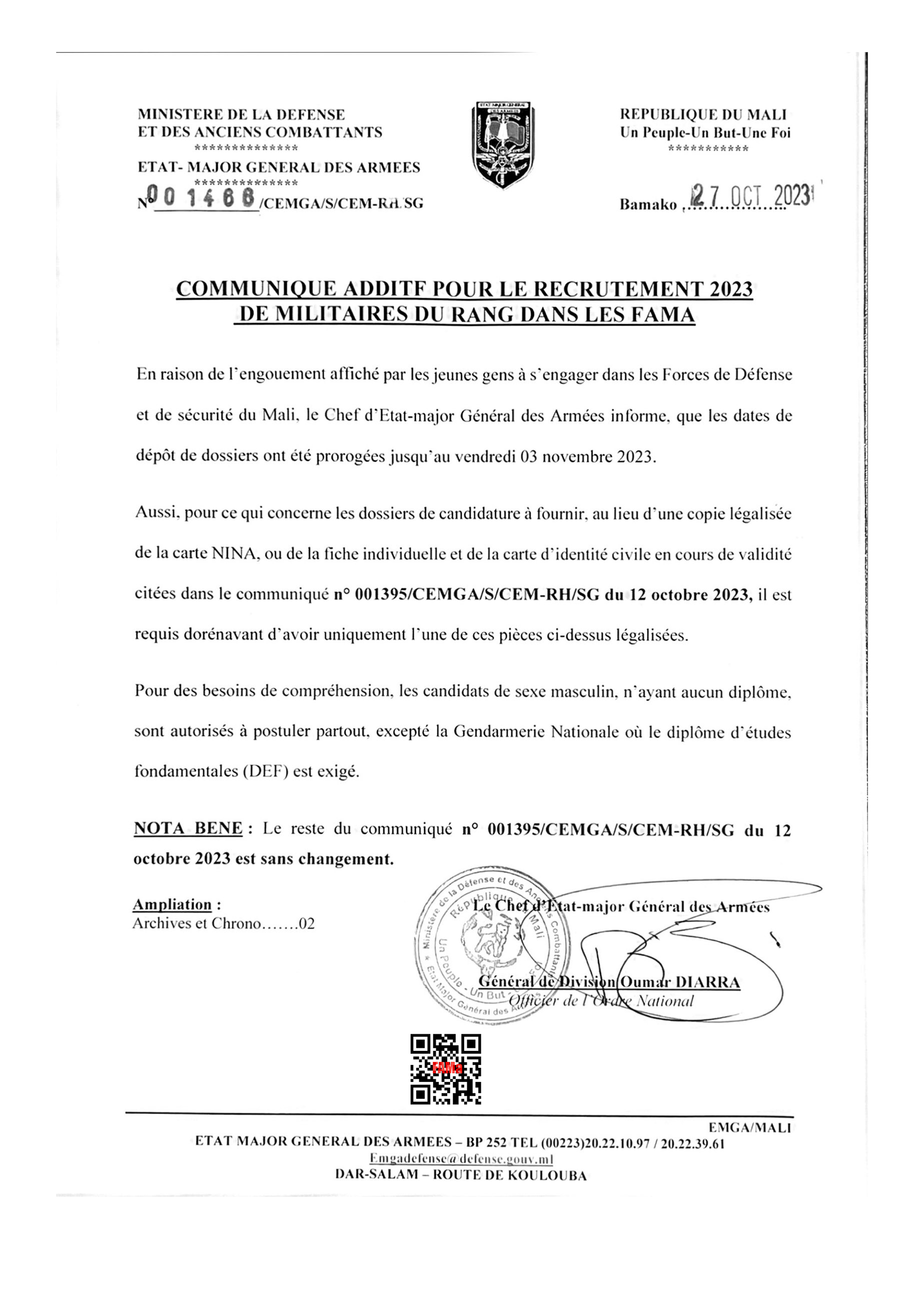 COMMUNIQUE ADDITF POUR LE RECRUTEMENT 2023  DE MILITAIRES DU RANG DANS LES FAMA