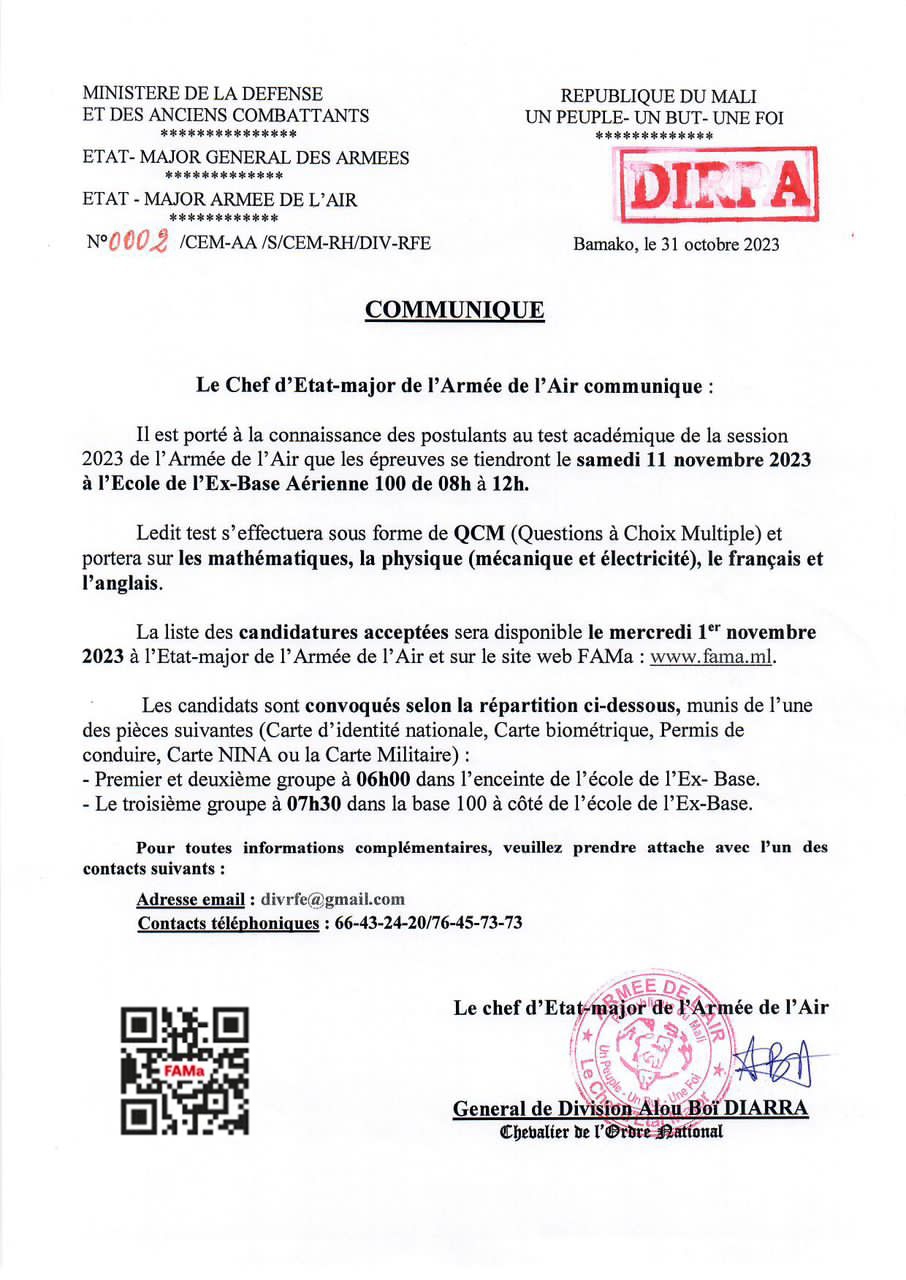  COMMUNIQUÉ DU CHEF D'ETAT-MAJOR DE L'ARMÉE DE L'AIR.