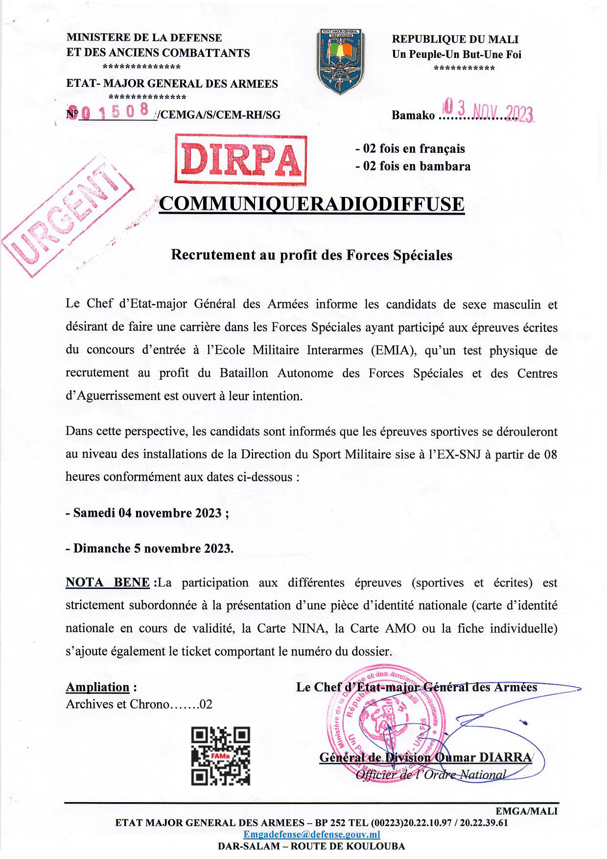  COMMUNIQUE RADIODIFFUSE