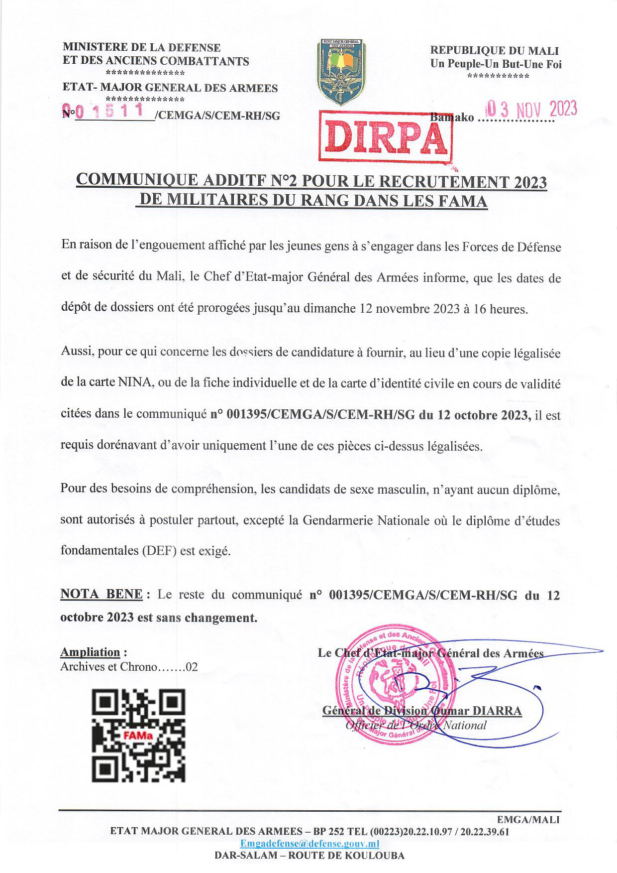  COMMUNIQUE ADDITIF N°2 POUR LE RECRUTEMENT 2023 DE MILITAIRES DU RANG DANS LES FAMA