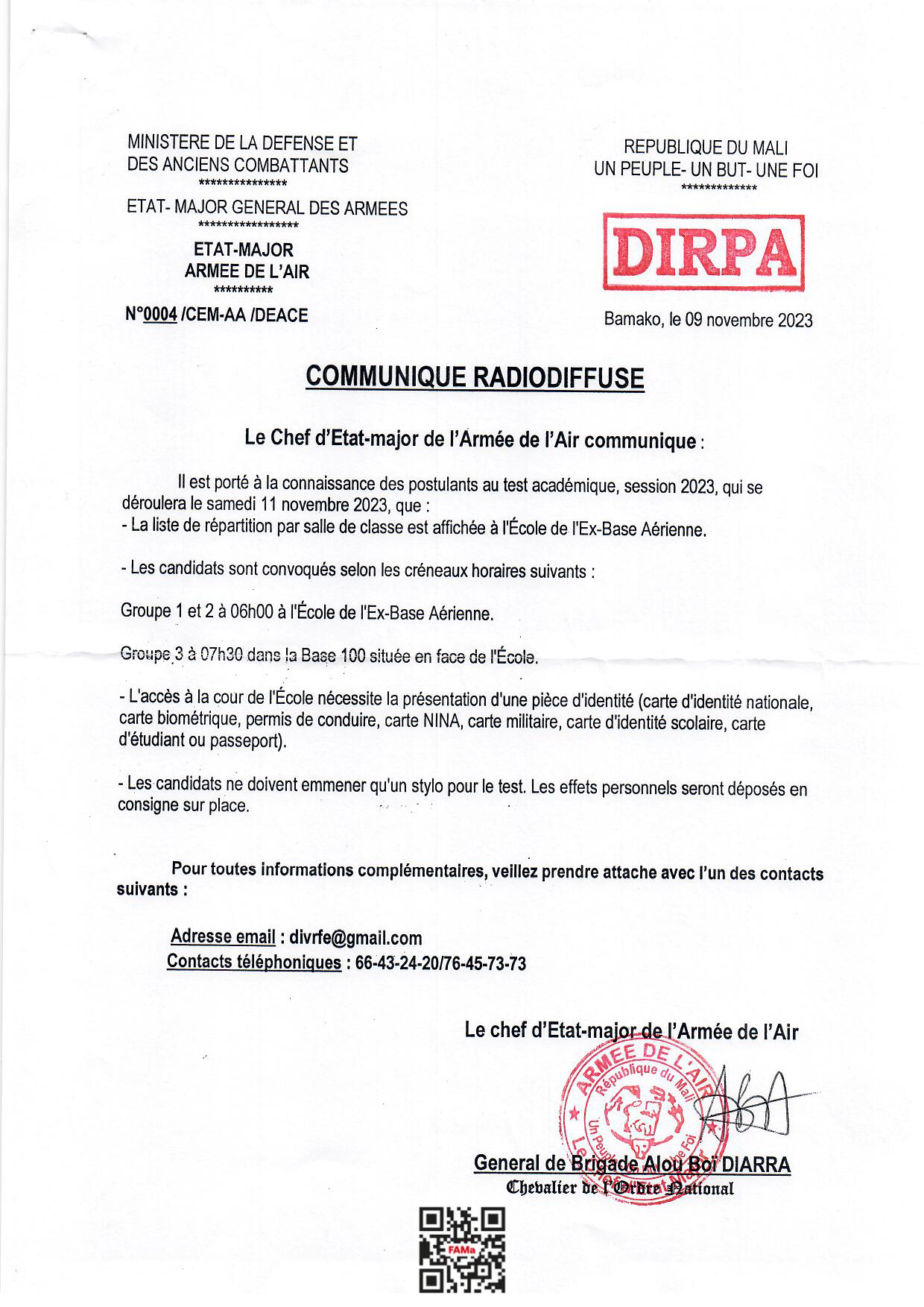  COMMUNIQUE RADIODIFFUSE