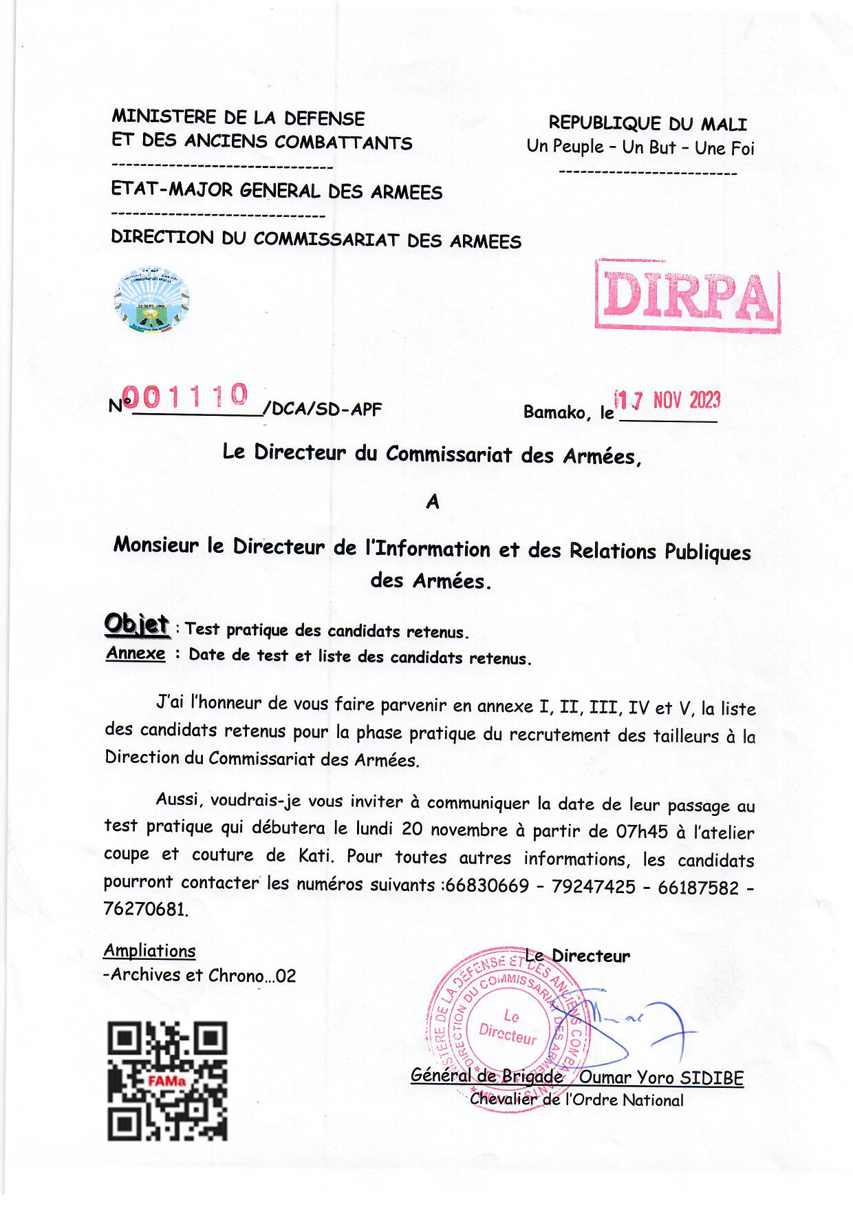  DCA-LISTE DES CANDIDATS RETENUS ET DATE DE TEST (SUITE DE LA LISTE ANNEXE II)