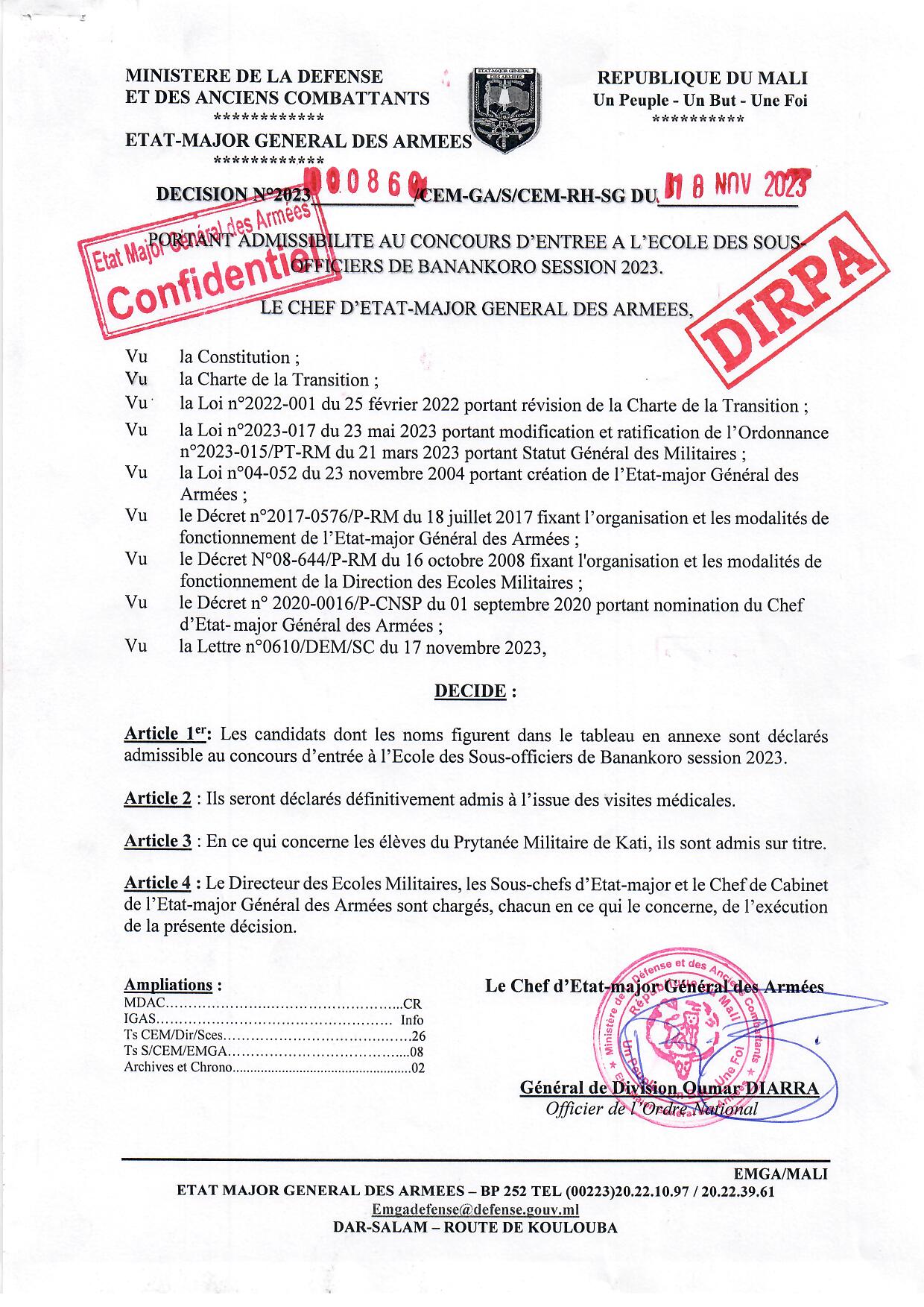  RÉSULTAT D’ADMISSIBILITÉ AU CONCOURS D’ENTRÉE A L’ÉCOLE DES SOUS OFFICIERS DE BANANKORO SESSION 2023