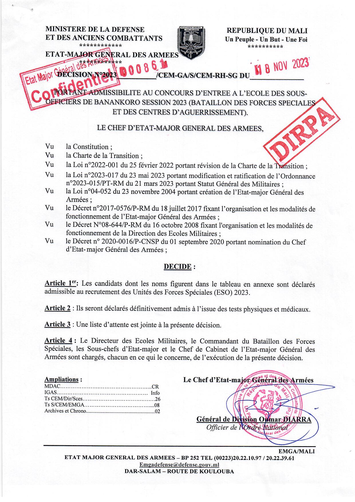  RÉSULTAT D’ADMISSIBILITÉ AU CONCOURS D’ENTRÉE A L’ÉCOLE DES SOUS OFFICIERS DE BANANKORO SESSION 2023 (BAFS ET CENTRES D'AGUERRISSEMENT)