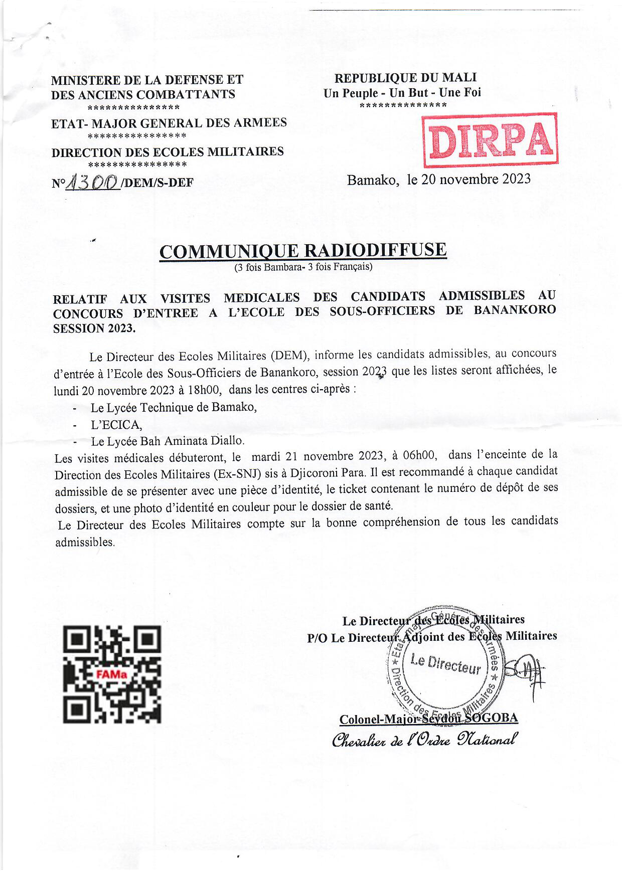  COMMUNIQUE RADIODIFFUSE