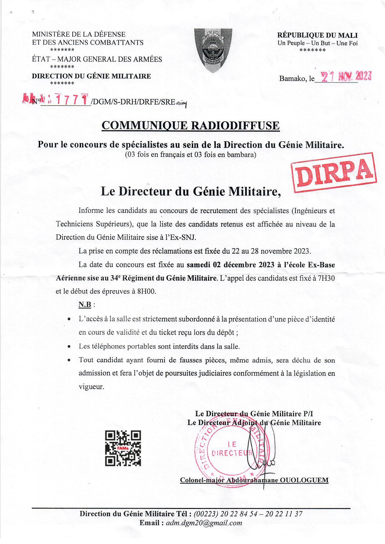  COMMUNIQUÉ DE LA DIRECTION DU GÉNIE MILITAIRE RELATIF AU CONCOURS DE RECRUTEMENT DES SPÉCIALISTES