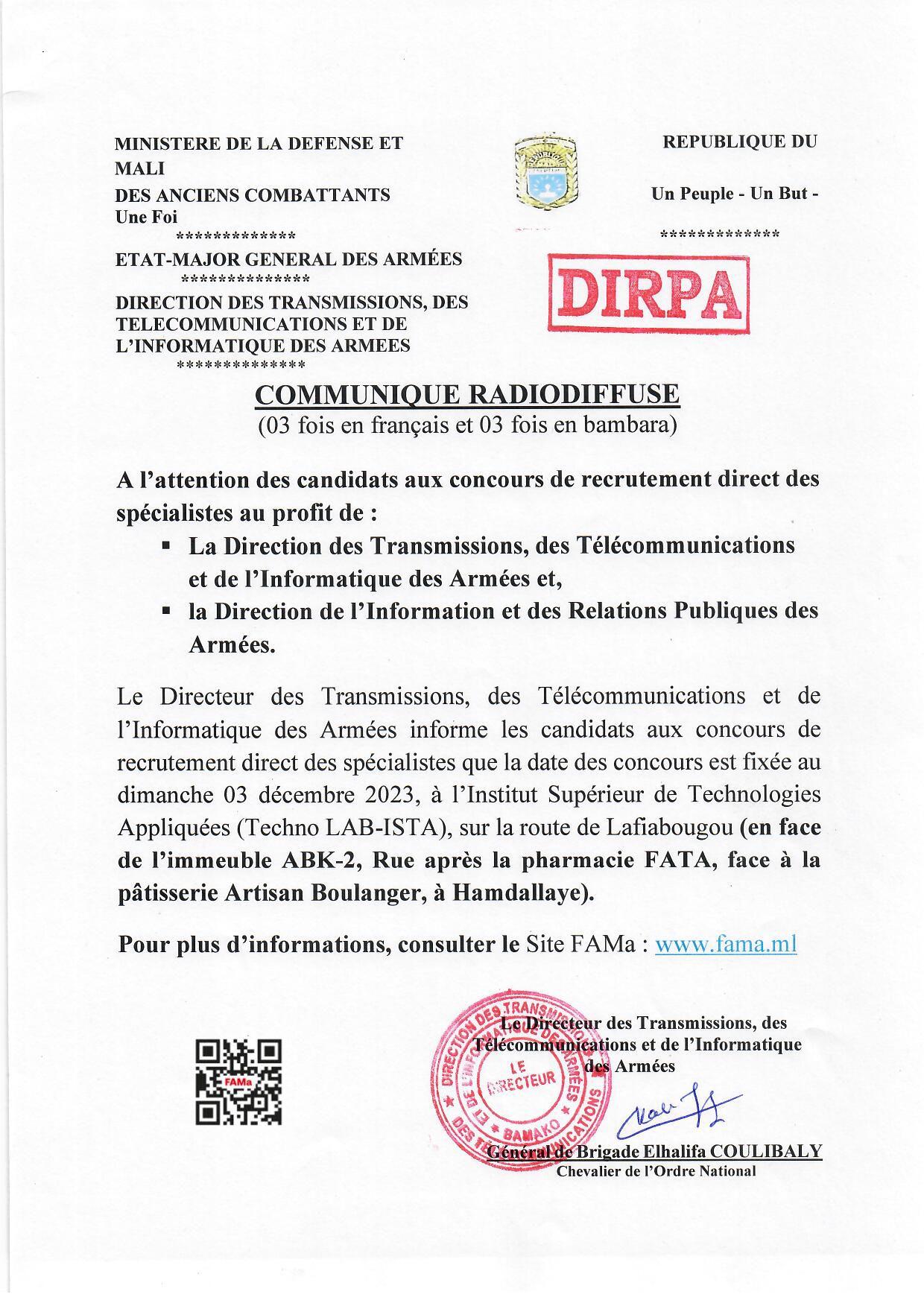  COMMUNIQUÉ RELATIF A LA DATE DU CONCOURS DE RECRUTEMENT DES SPÉCIALISTES DTTIA ET DIRPA 2023.