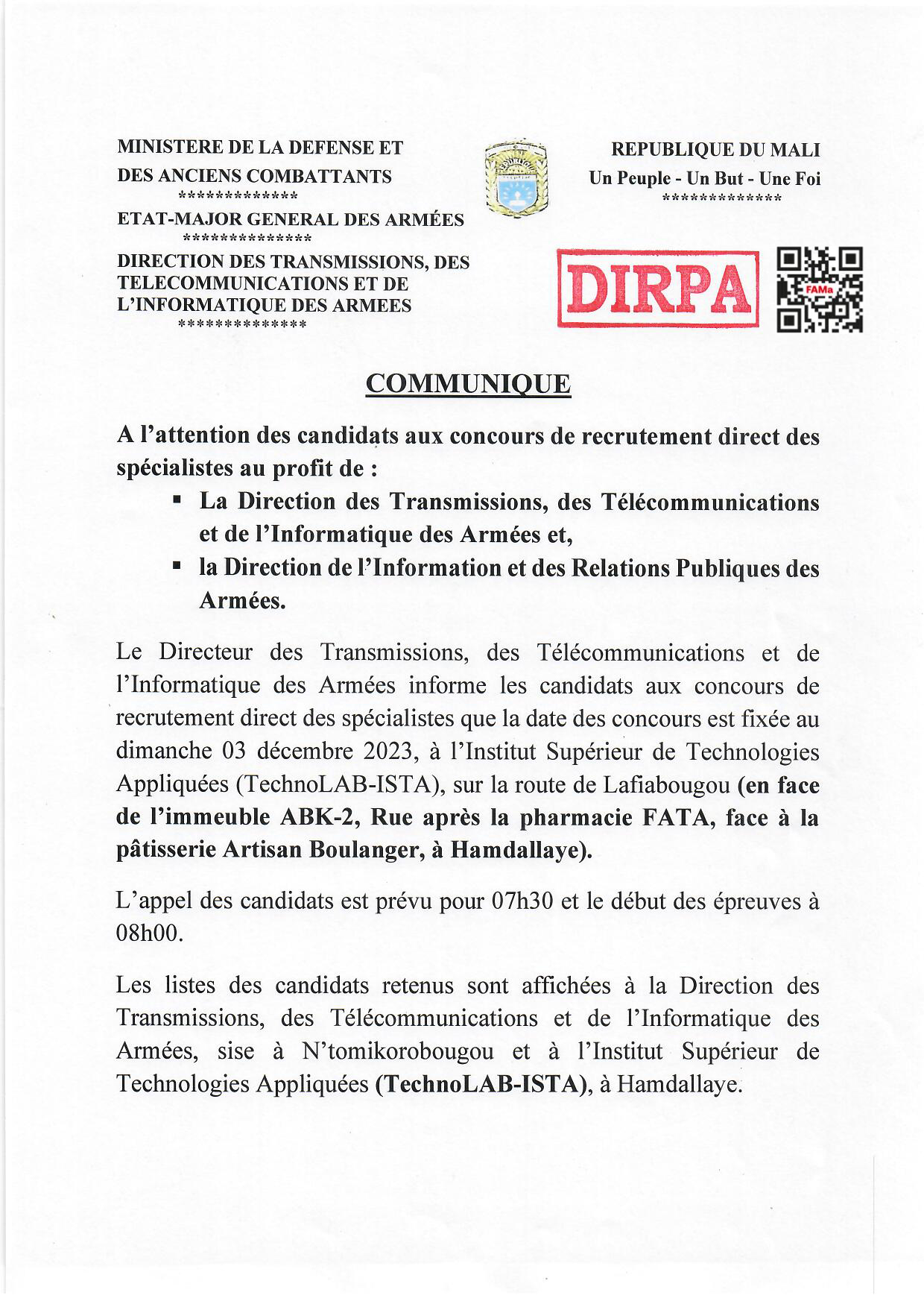  COMMUNIQUÉ RELATIF AU CONCOURS DE RECRUTEMENT DES SPÉCIALISTES DTTIA ET DIRPA 2023.