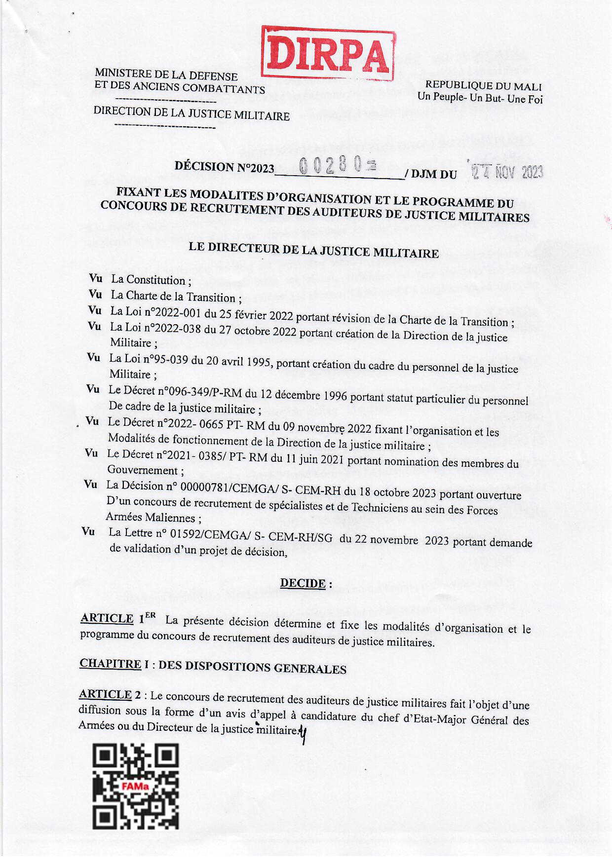  DECIDSION N°2023 : MODALITES D'ORGANISATION ET LE PROGRAMME DU CONCOURS DE RECRUTEMENT DES AUDITEURS DE JUSTICE MILITAIRES