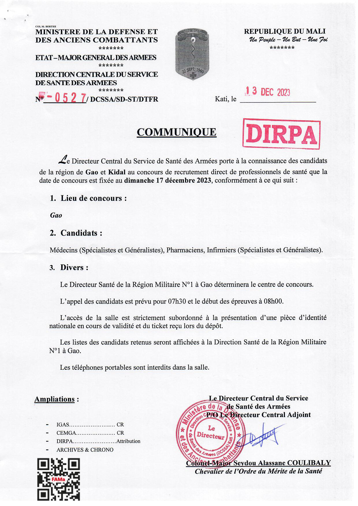  COMMUNIQUE DU DIRECTEUR CENTRAL DU SERVICE DE SANTE DES ARMEES