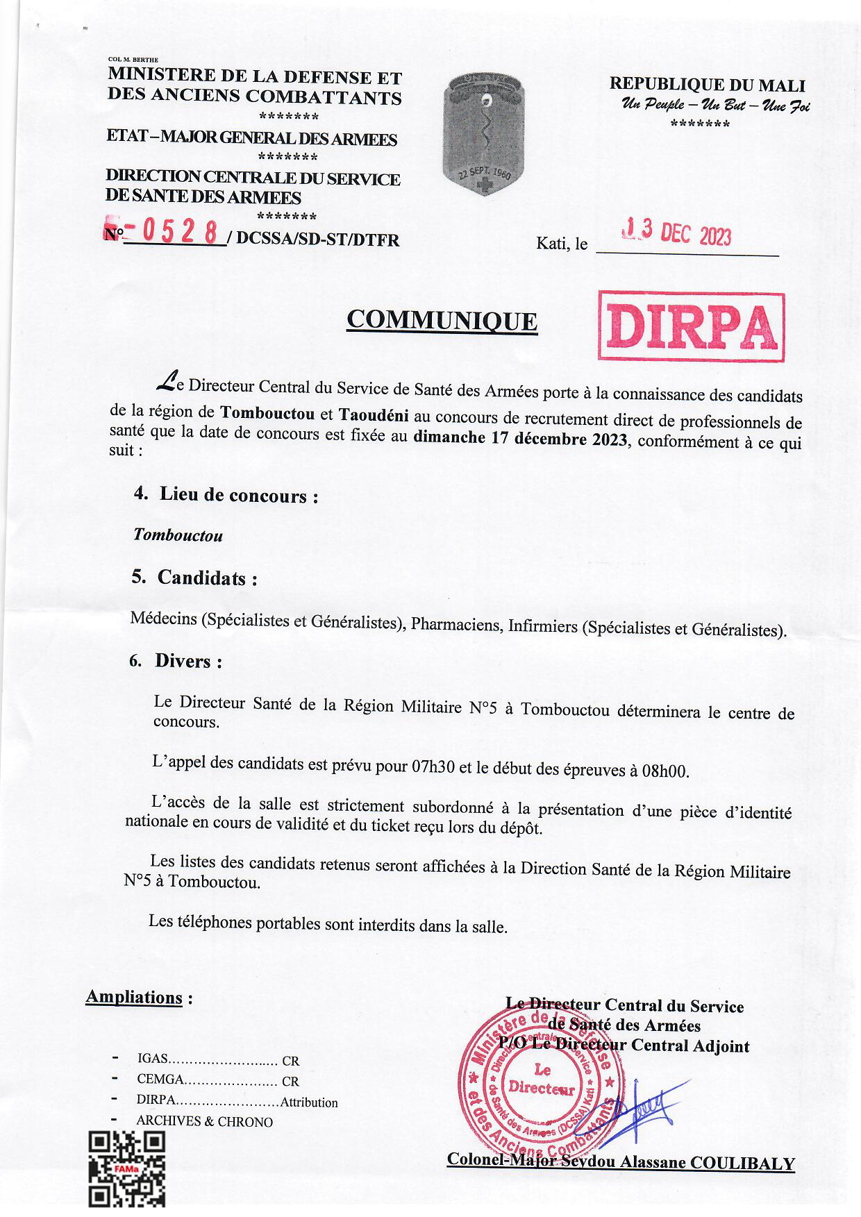  COMMUNIQUE DU DIRECTEUR CENTRAL DU SERVICE DE SANTE DES ARMEES
