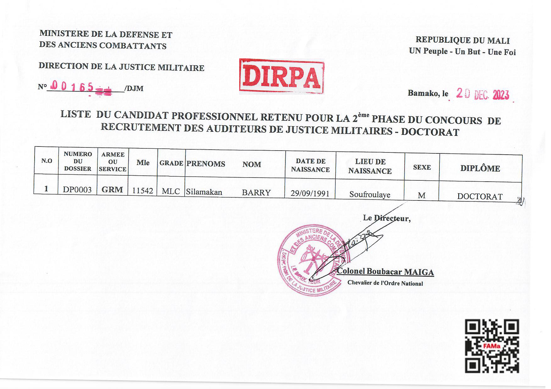  LISTE DU CANDIDAT PROFESSIONNEL RETENU  RETENU POUR LA 2è PHASE DU CONCOUR DE RECRUTEMENT DES AUDITEURS DE JUSTICE MILITAIRE- DOCTORAT