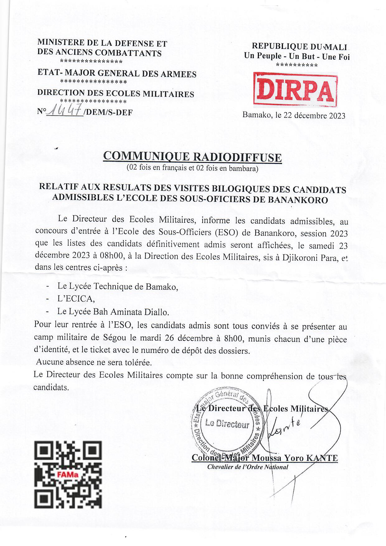  COMMUNIQUÉ RELATIF AUX RESULTATS DES VISITES BILOGIQUES DES CANDIDATS ADMISSIBLES L'ECOLE DES SOUS-OFFICIERS DE BANANKORO